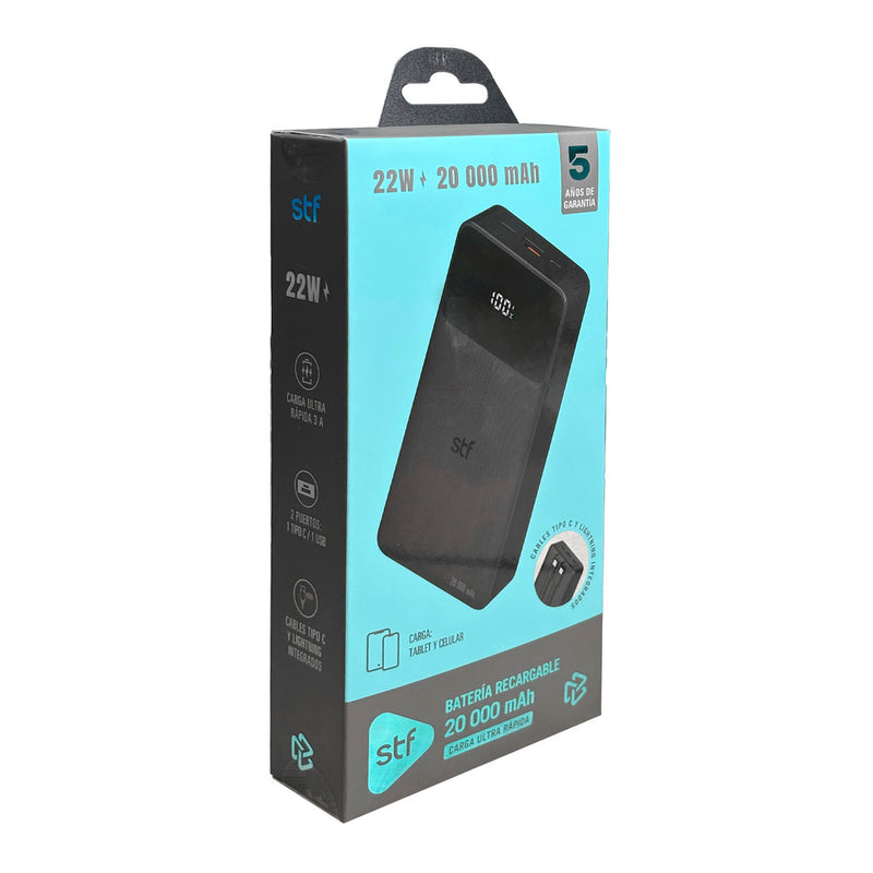 Batería Recargable STF: 20,000 mAh, 22W, con Cables Tipo C y Lightning