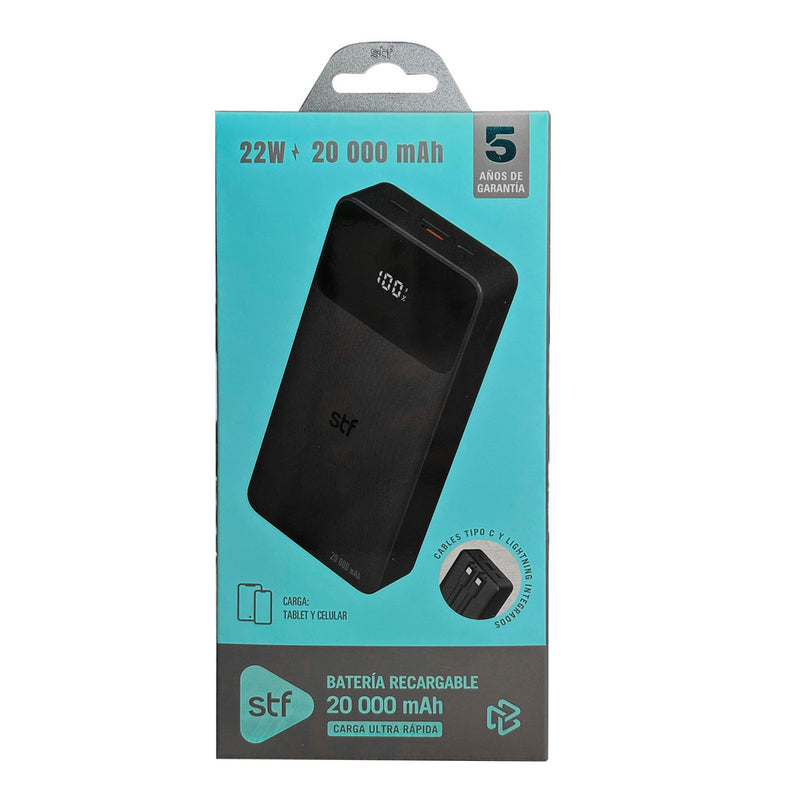 Batería Recargable STF: 20,000 mAh, 22W, con Cables Tipo C y Lightning