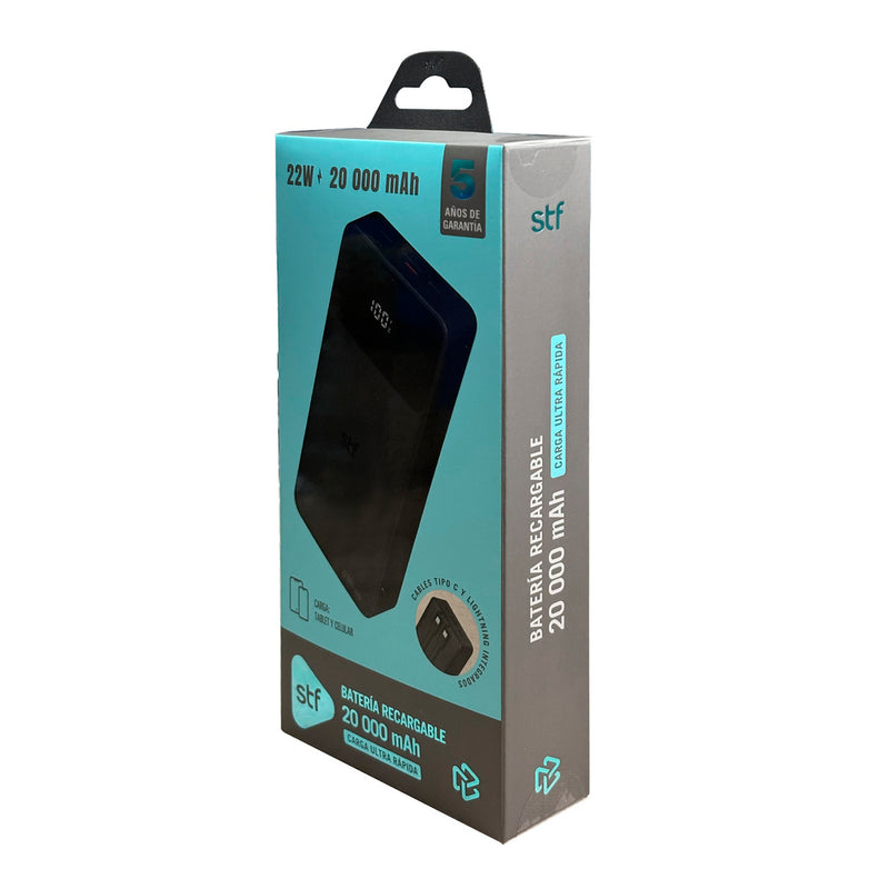 Batería Recargable STF: 20,000 mAh, 22W, con Cables Tipo C y Lightning