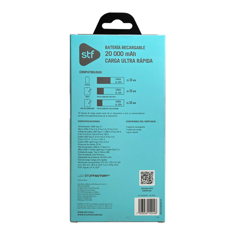 Batería Recargable STF: 20,000 mAh, 22W, con Cables Tipo C y Lightning