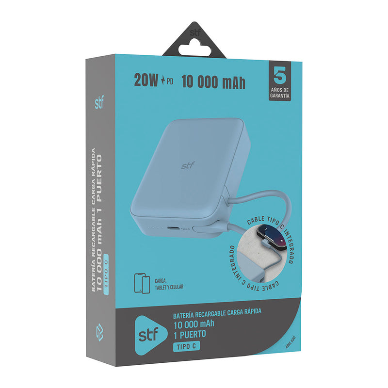 Batería Power Bank Portátil STF 10 000 mAh 20W PD Cable tipo C integrado Azul