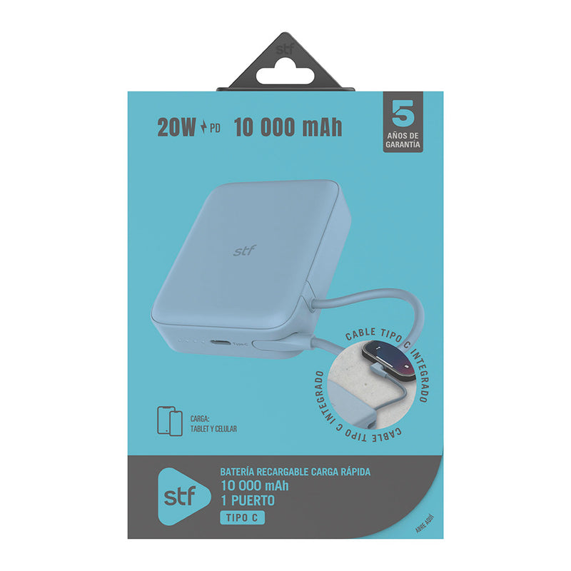 Batería Power Bank Portátil STF 10 000 mAh 20W PD Cable tipo C integrado Azul
