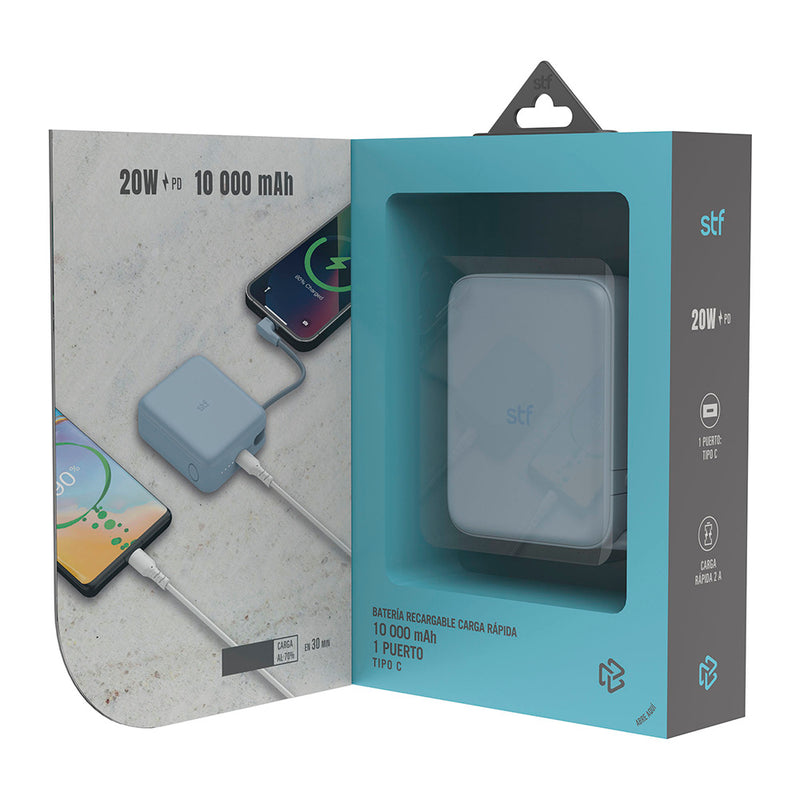 Batería Power Bank Portátil STF 10 000 mAh 20W PD Cable tipo C integrado Azul