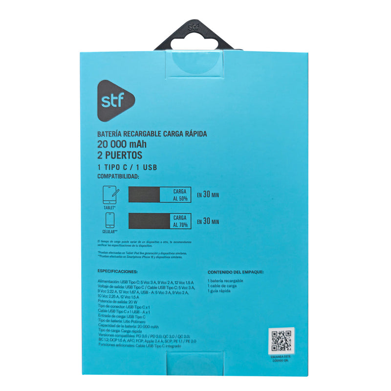 Batería Power Bank Portátil STF 20 000 mAh 20W PD Cable tipo C Azul