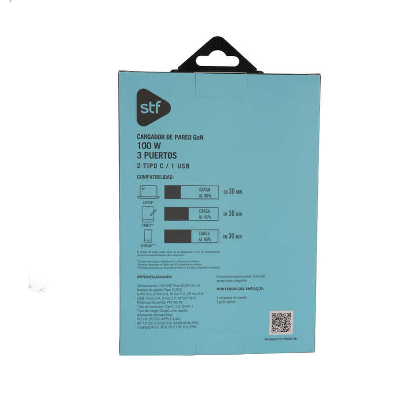 Cargador de pared GaN 100W | STF Carga ultra rápida 3A | 3 salidas para celular
