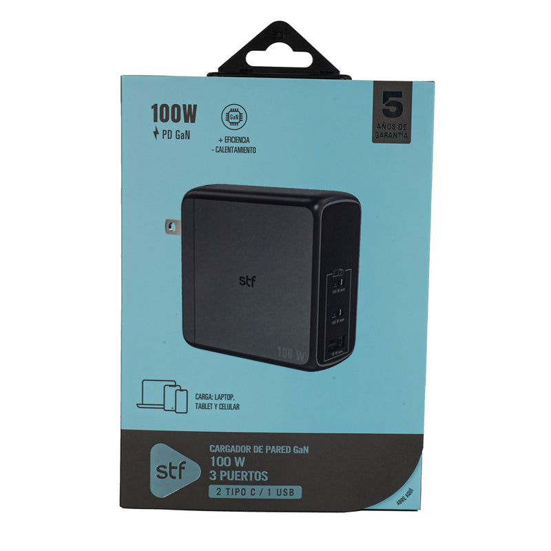 Cargador de pared GaN 100W | STF Carga ultra rápida 3A | 3 salidas para celular