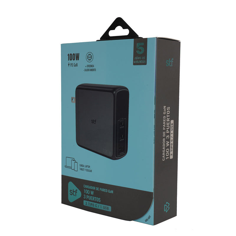 Cargador de pared GaN 100W | STF Carga ultra rápida 3A | 3 salidas para celular