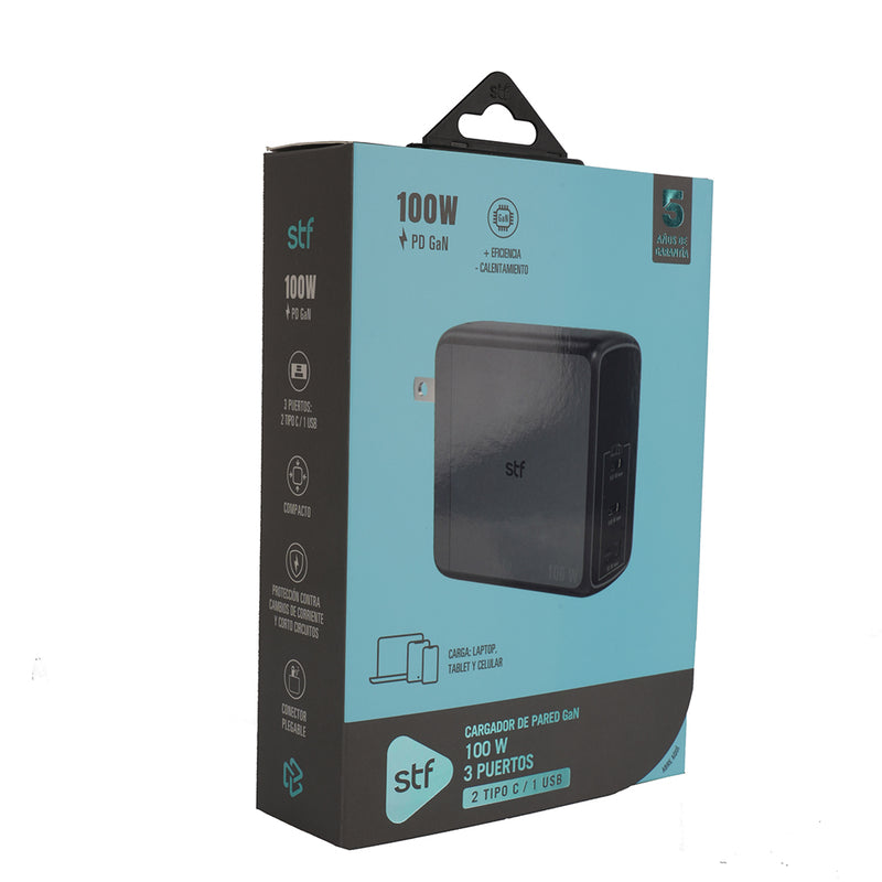 Cargador de pared GaN 100W | STF Carga ultra rápida 3A | 3 salidas para celular