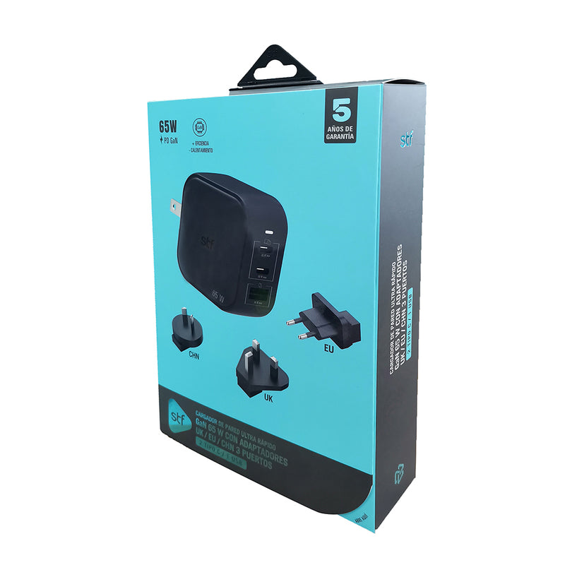 Cargador de pared 65W | STF GaN Carga Ultra Rapida | 3 salidas 3A + 3 conectores internacionales UK / EU / AU