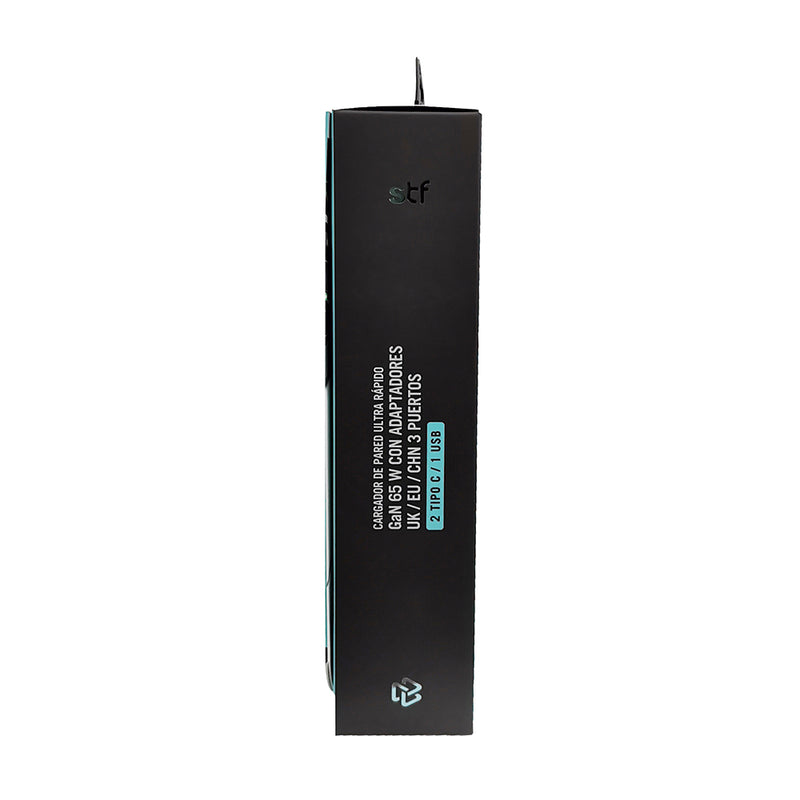 Cargador de pared 65W | STF GaN Carga Ultra Rapida | 3 salidas 3A + 3 conectores internacionales UK / EU / AU