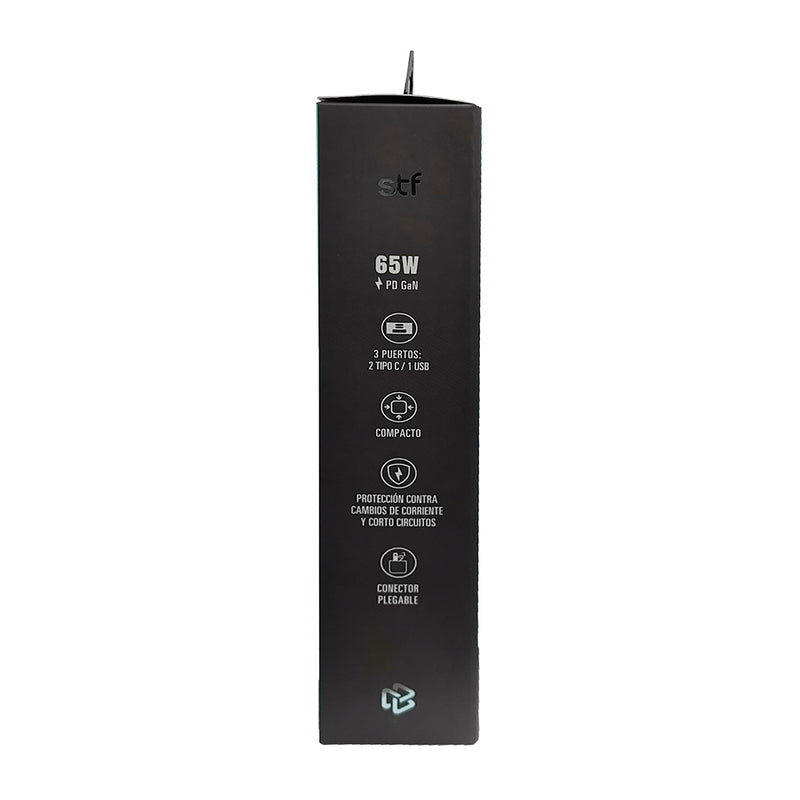 Cargador de pared 65W | STF GaN Carga Ultra Rapida | 3 salidas 3A + 3 conectores internacionales UK / EU / AU
