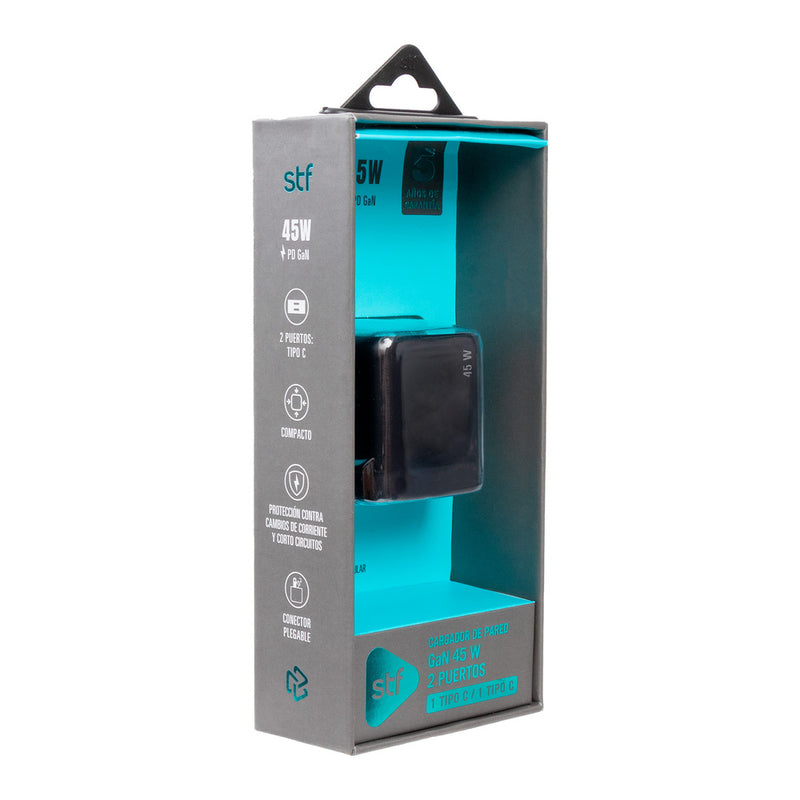 Cargador Pared GaN 45W Dual Tipo C Carga Ultra Rápida Enchufe Plegable