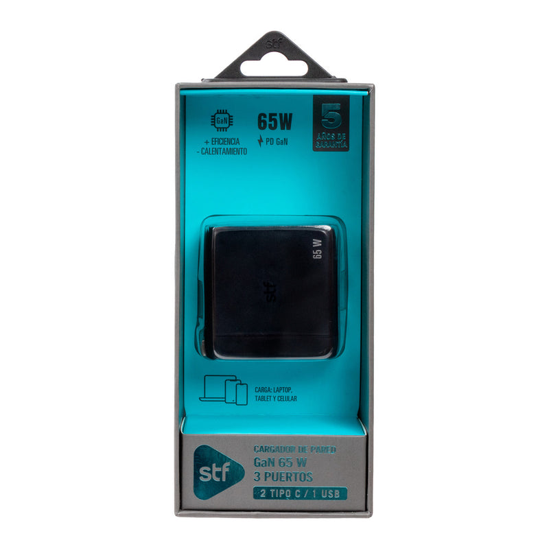 Cargador Pared GaN 65W 3 Salidas Tipo C Dual + USB Carga Ultra Rápida