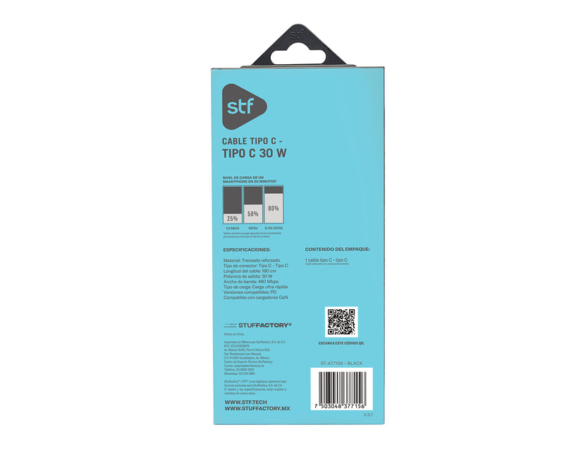 Cable para celular | STF Tipo C - Tipo C | 1.8 m Carga ultra rápida 30W
