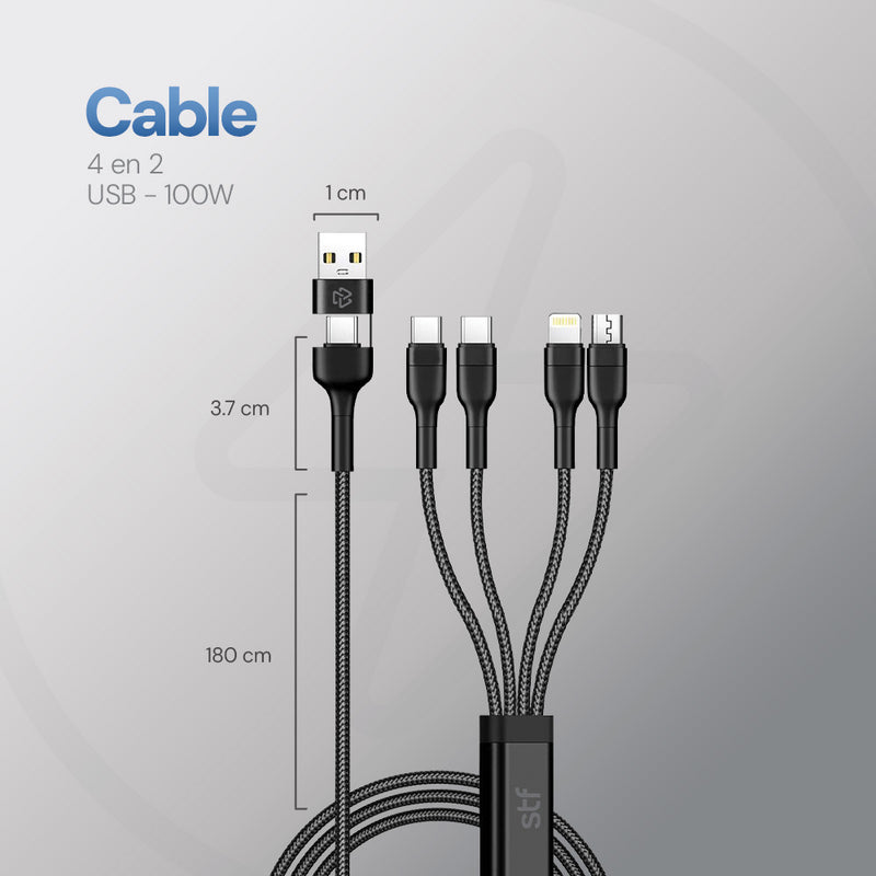 Cable 4 en 2 Carga Ultra Rápida USB/Tipo-C a Micro USB/Lightning/USB-C 100W