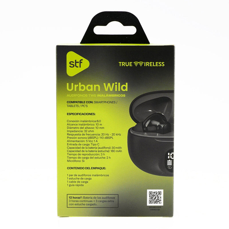 Audífonos Urban Wild TWS STF: 12H Batería, Micrófono, Resistencia IPX4, Negro