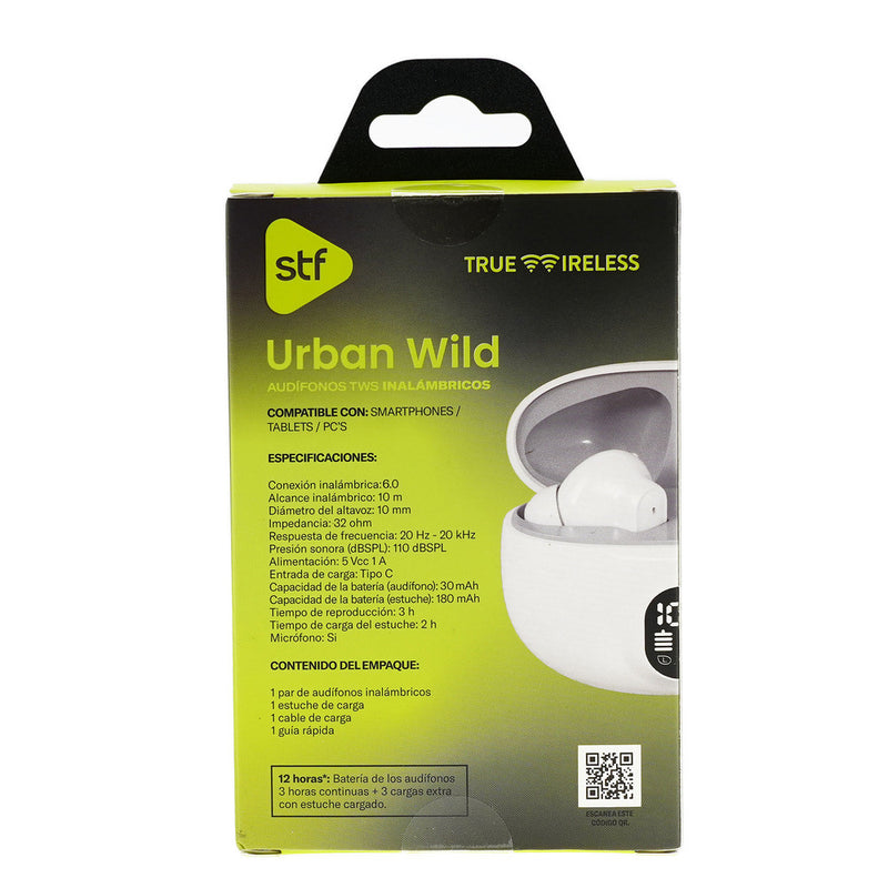 Audífonos Urban Wild TWS STF: 12H Batería, Micrófono, Resistencia IPX4, Blanco