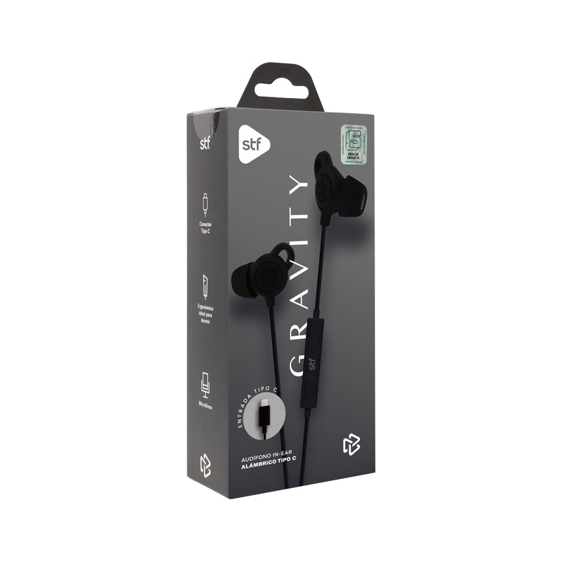 Audifonos alámbricos In-Ear STF Gravity: Tipo C, Micrófono, Negro