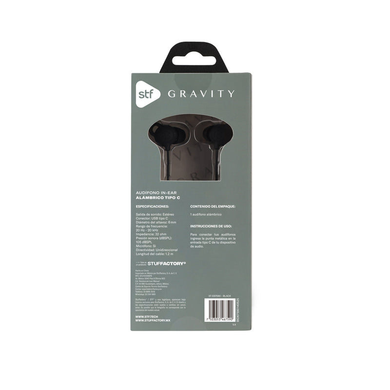 Audifonos alámbricos In-Ear STF Gravity: Tipo C, Micrófono, Negro