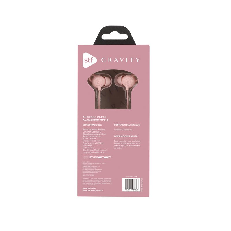 Audifonos alámbricos In-Ear STF Gravity: Tipo C, Micrófono, Rosa