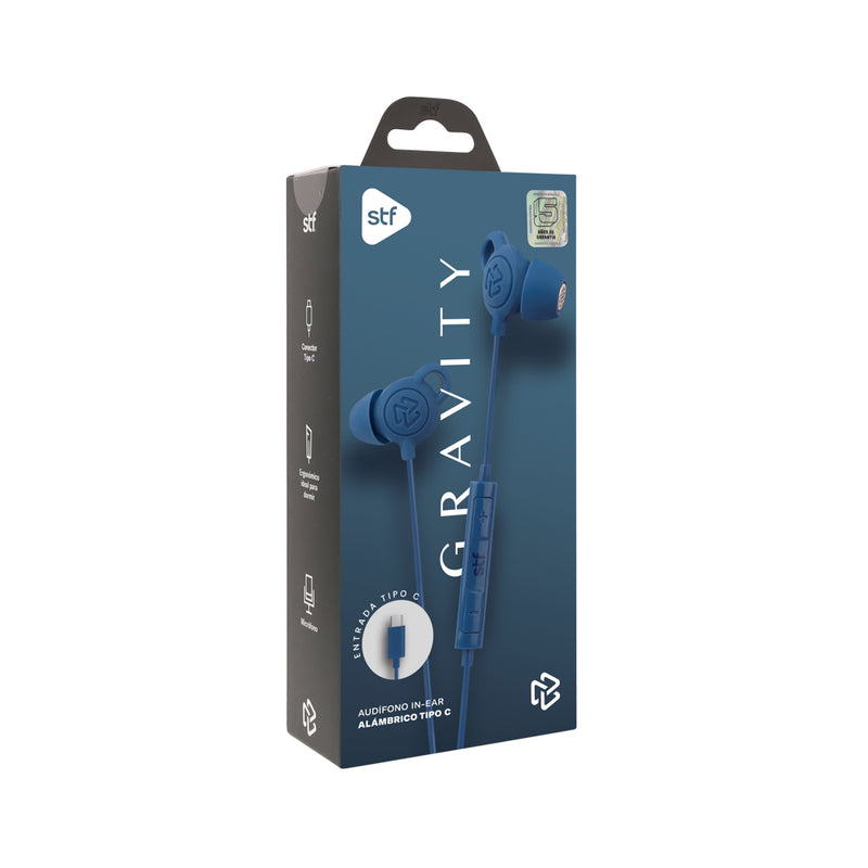 Audifonos alámbricos In-Ear STF Gravity: Tipo C, Micrófono, Azul