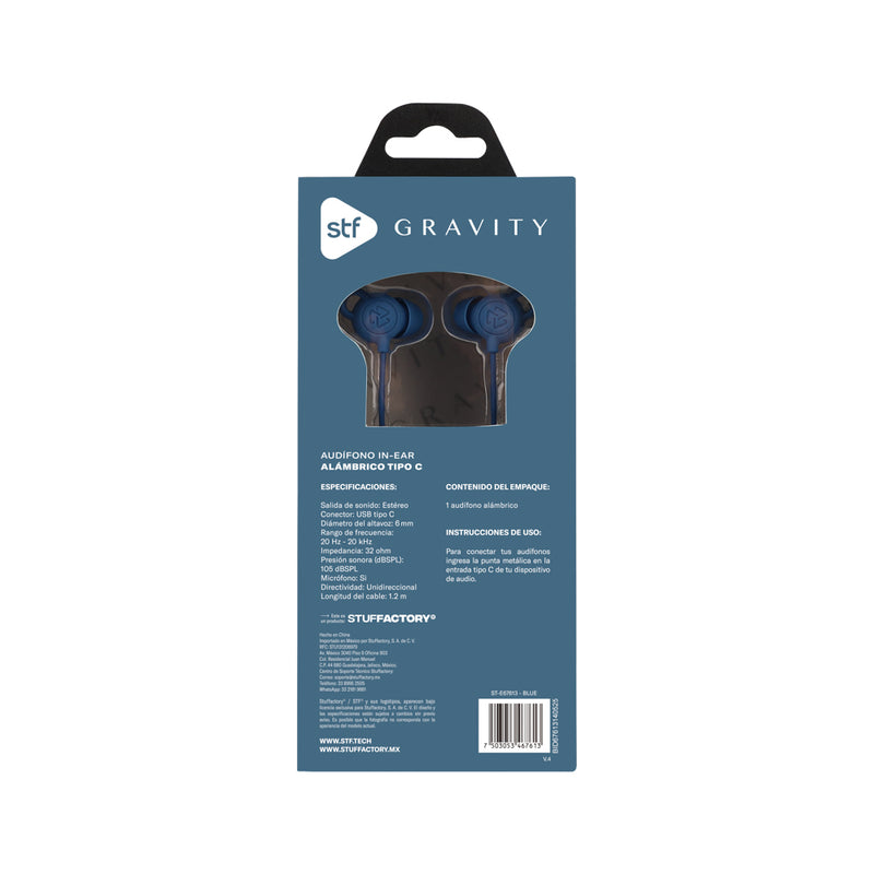 Audifonos alámbricos In-Ear STF Gravity: Tipo C, Micrófono, Azul