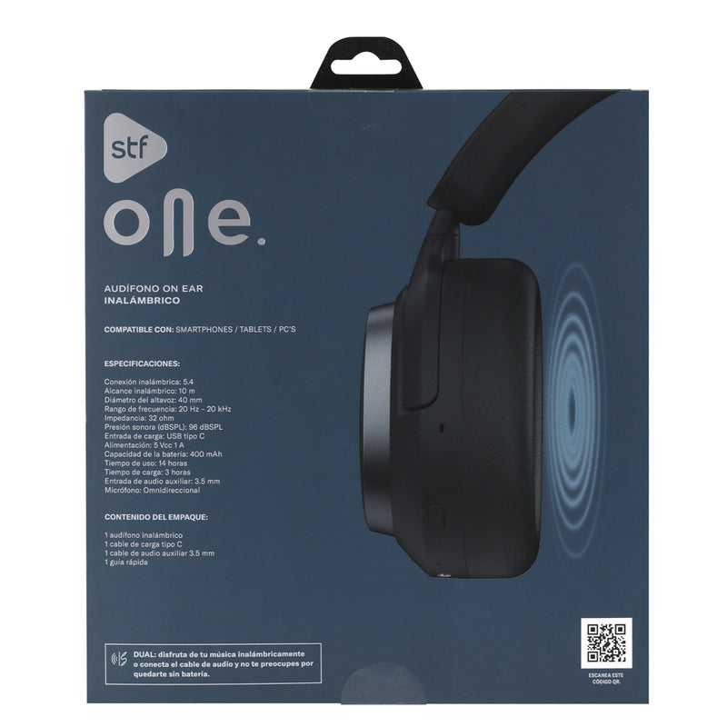 Audífonos On Ear STF One: 14h batería, inalámbricos, micrófono, Negro