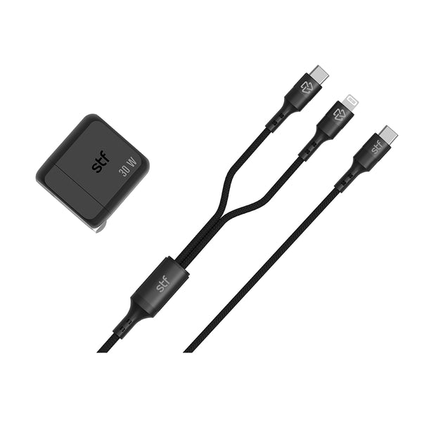 Kit Cargador de pared + Cable 2 en 1 | STF Carga ultra rápida 3A | 1.8m Tipo C-Lightning 60W