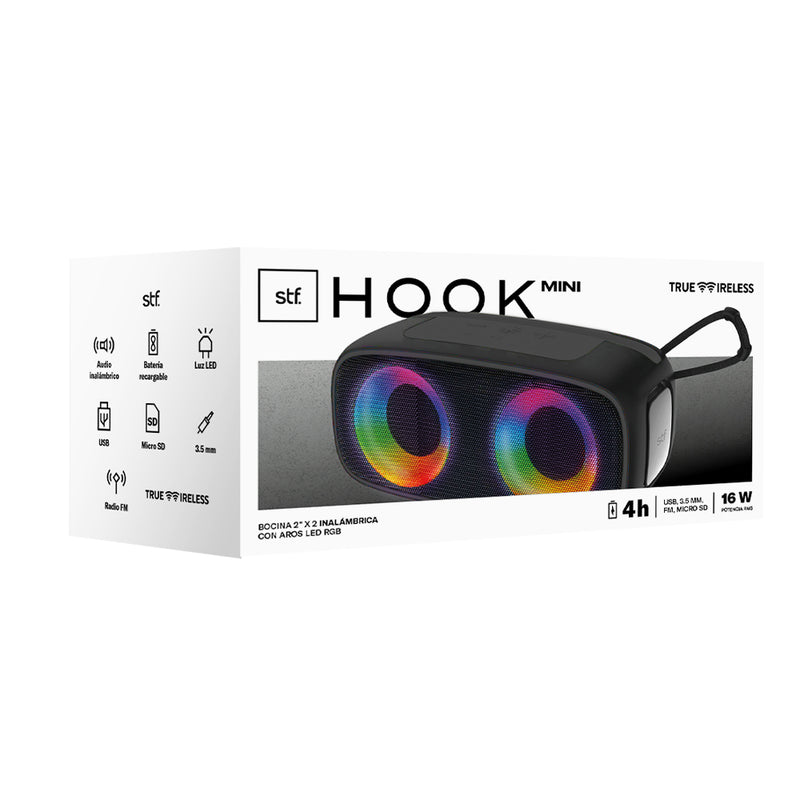 Bocina inalámbrica portátil | STF Hook Mini | 2" x 2 pulgadas 4hrs uso 16W función TWS