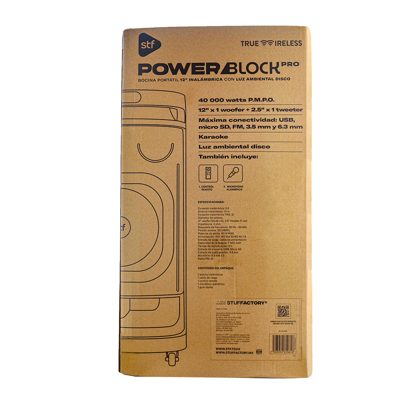 Bocina Inalámbrica portátil | STF Power Block Pro | 12" pulgadas 5hrs uso 80W función TWS ruedas de transporte