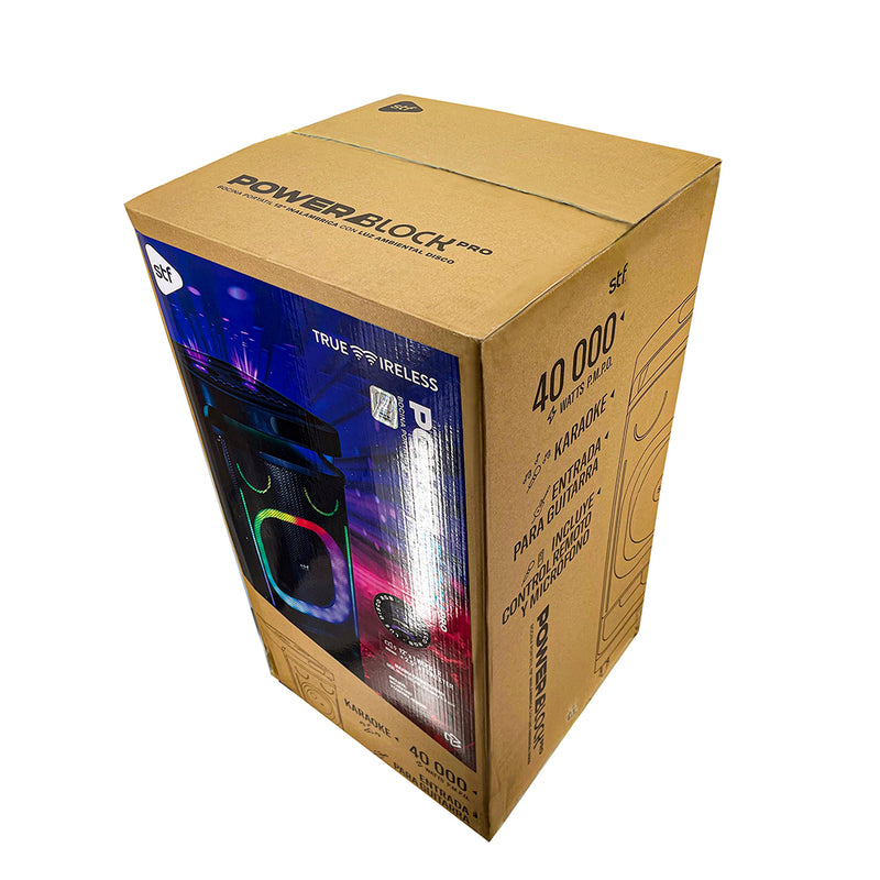 Bocina Inalámbrica portátil | STF Power Block Pro | 12" pulgadas 5hrs uso 80W función TWS ruedas de transporte