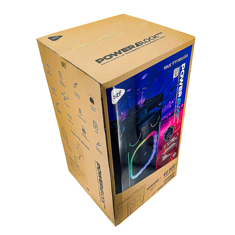 Bocina Inalámbrica portátil | STF Power Block Pro | 12" pulgadas 5hrs uso 80W función TWS ruedas de transporte