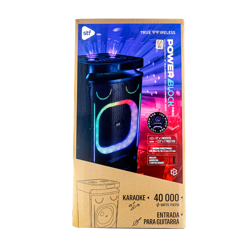 Bocina Inalámbrica portátil | STF Power Block Pro | 12" pulgadas 5hrs uso 80W función TWS ruedas de transporte