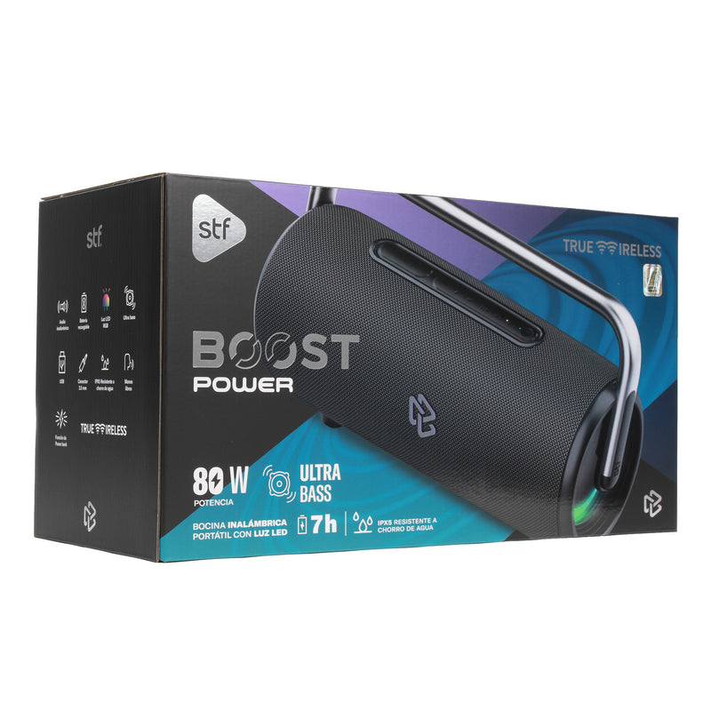 Bocina Inalámbrica portátil | STF Boost Power | 7hrs uso 80W función TWS y Powerbank IPX5