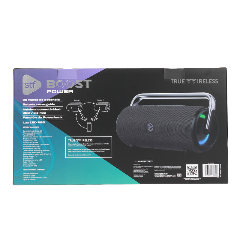 Bocina Inalámbrica portátil | STF Boost Power | 7hrs uso 80W función TWS y Powerbank IPX5