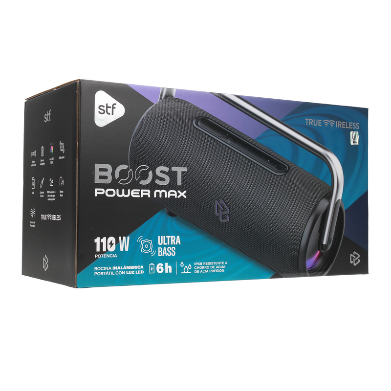 Bocina Inalámbrica portátil | STF Boost Power Max | 6hrs uso 110W TWS IPX6 + carga dispositivos