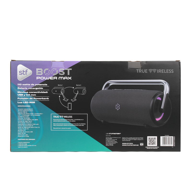 Bocina Inalámbrica portátil | STF Boost Power Max | 6hrs uso 110W TWS IPX6 + carga dispositivos