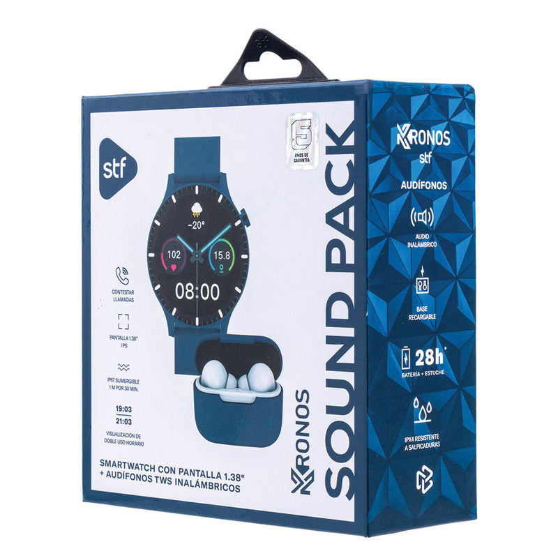 Smartwatch reloj inteligente | STF Kronos Sound Pack | Pantalla 1.38" + Audífonos True Wireless Azul