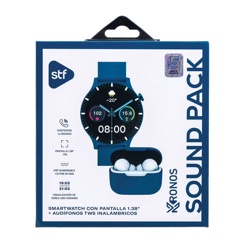 Smartwatch reloj inteligente | STF Kronos Sound Pack | Pantalla 1.38" + Audífonos True Wireless Azul