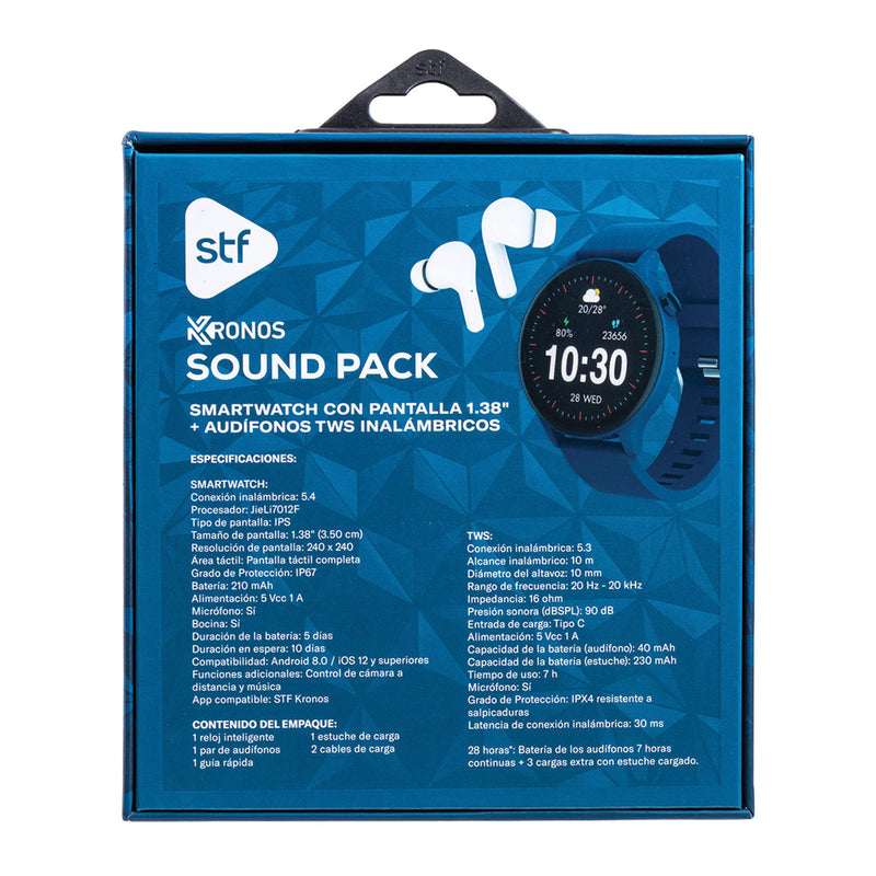 Smartwatch reloj inteligente | STF Kronos Sound Pack | Pantalla 1.38" + Audífonos True Wireless Azul