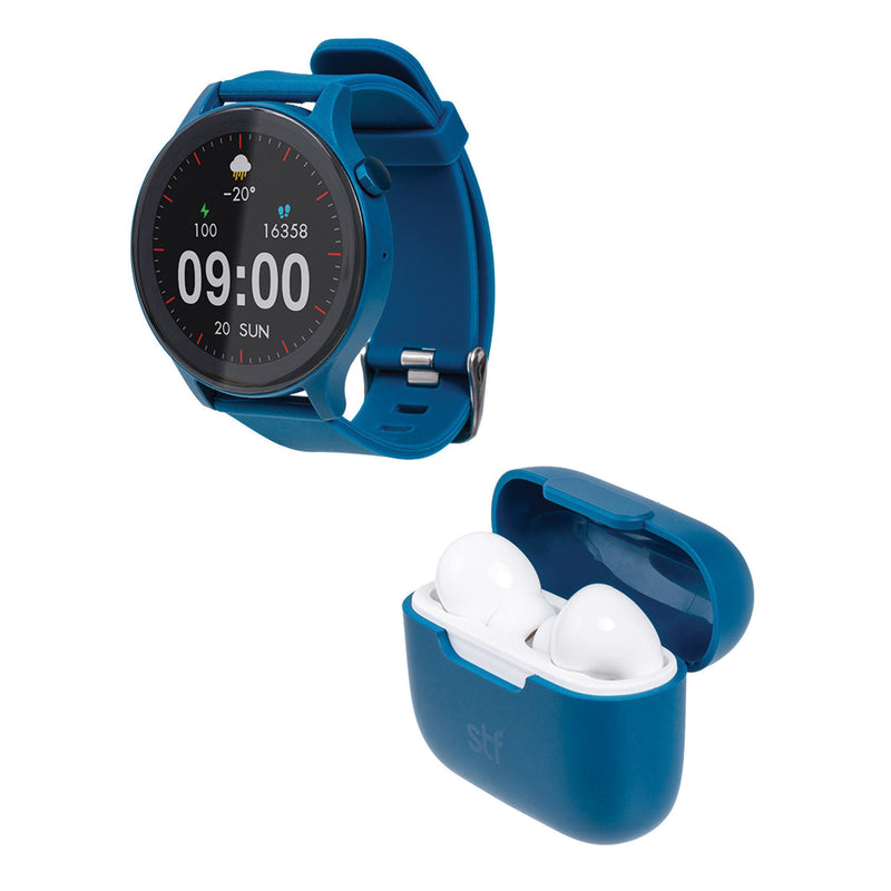 Smartwatch reloj inteligente | STF Kronos Sound Pack | Pantalla 1.38" + Audífonos True Wireless Azul