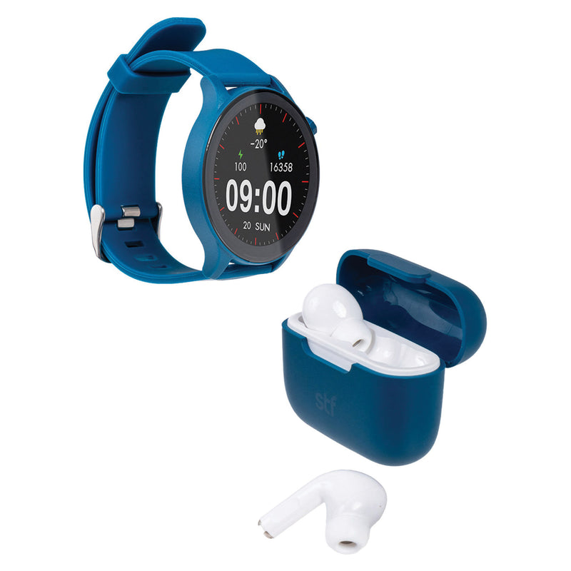 Smartwatch reloj inteligente | STF Kronos Sound Pack | Pantalla 1.38" + Audífonos True Wireless Azul