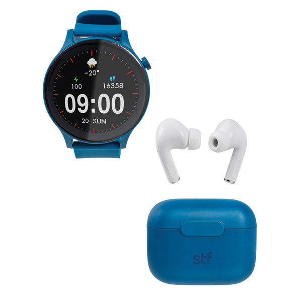 Smartwatch reloj inteligente | STF Kronos Sound Pack | Pantalla 1.38" + Audífonos True Wireless Azul