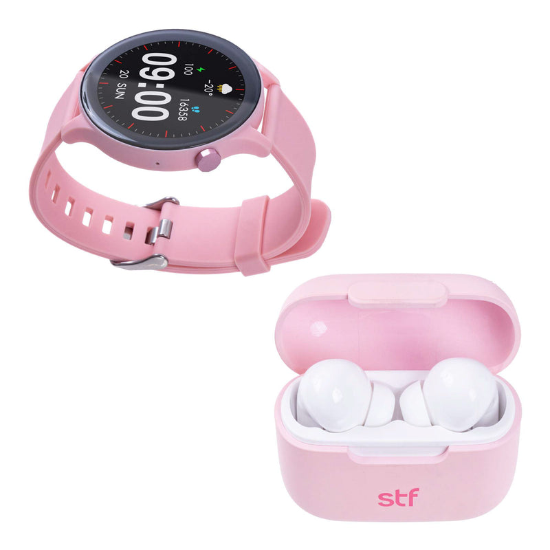 Smartwatch reloj inteligente | STF Kronos Sound Pack | Pantalla 1.38" + Audífonos True Wireless Rosa