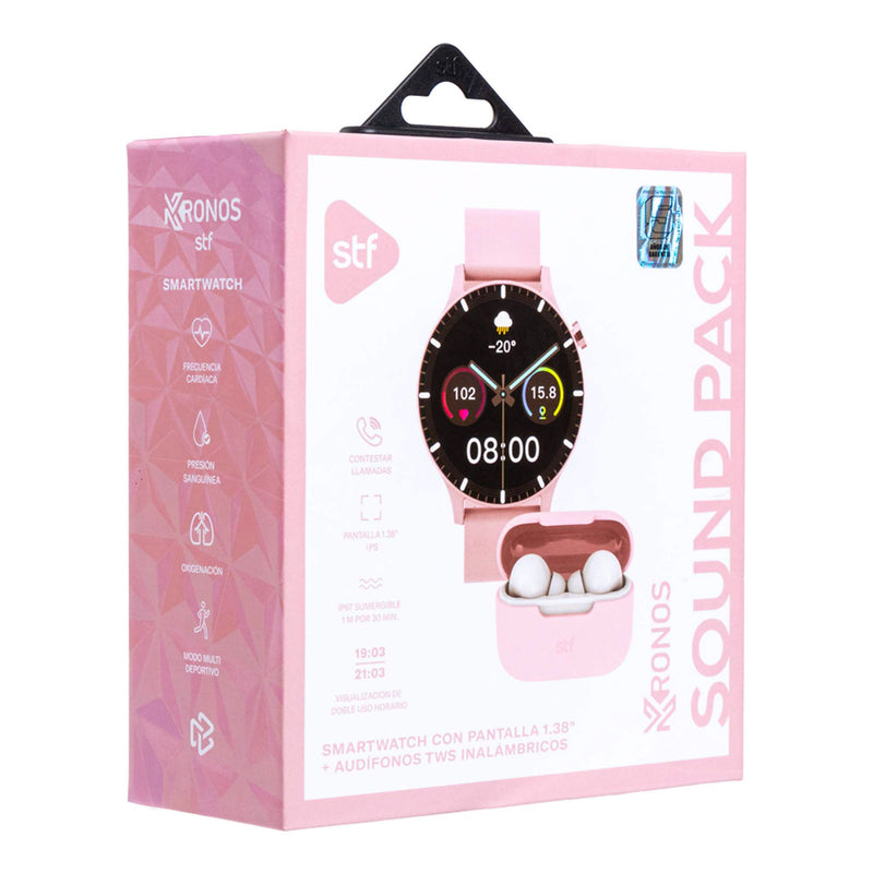 Smartwatch reloj inteligente | STF Kronos Sound Pack | Pantalla 1.38" + Audífonos True Wireless Rosa
