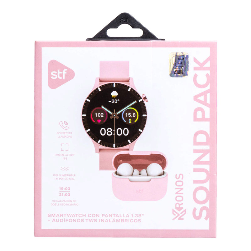 Smartwatch reloj inteligente | STF Kronos Sound Pack | Pantalla 1.38" + Audífonos True Wireless Rosa