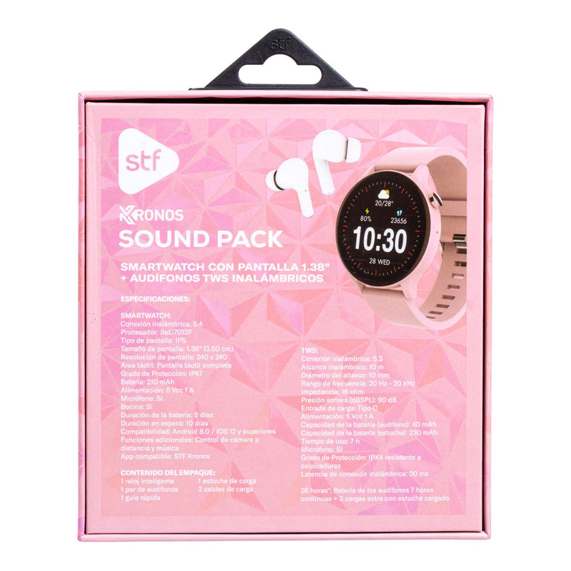 Smartwatch reloj inteligente | STF Kronos Sound Pack | Pantalla 1.38" + Audífonos True Wireless Rosa
