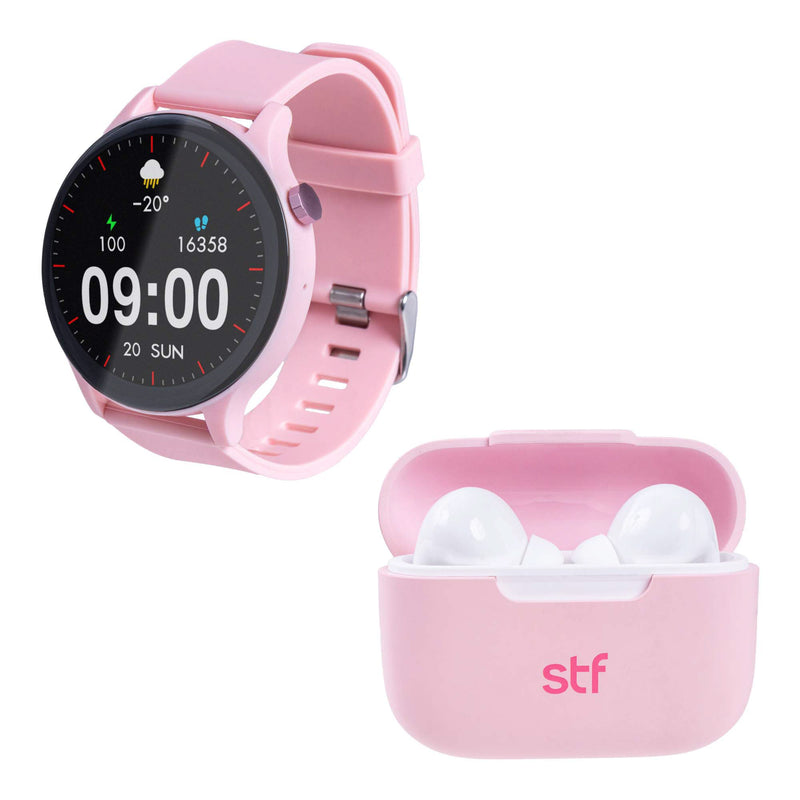 Smartwatch reloj inteligente | STF Kronos Sound Pack | Pantalla 1.38" + Audífonos True Wireless Rosa