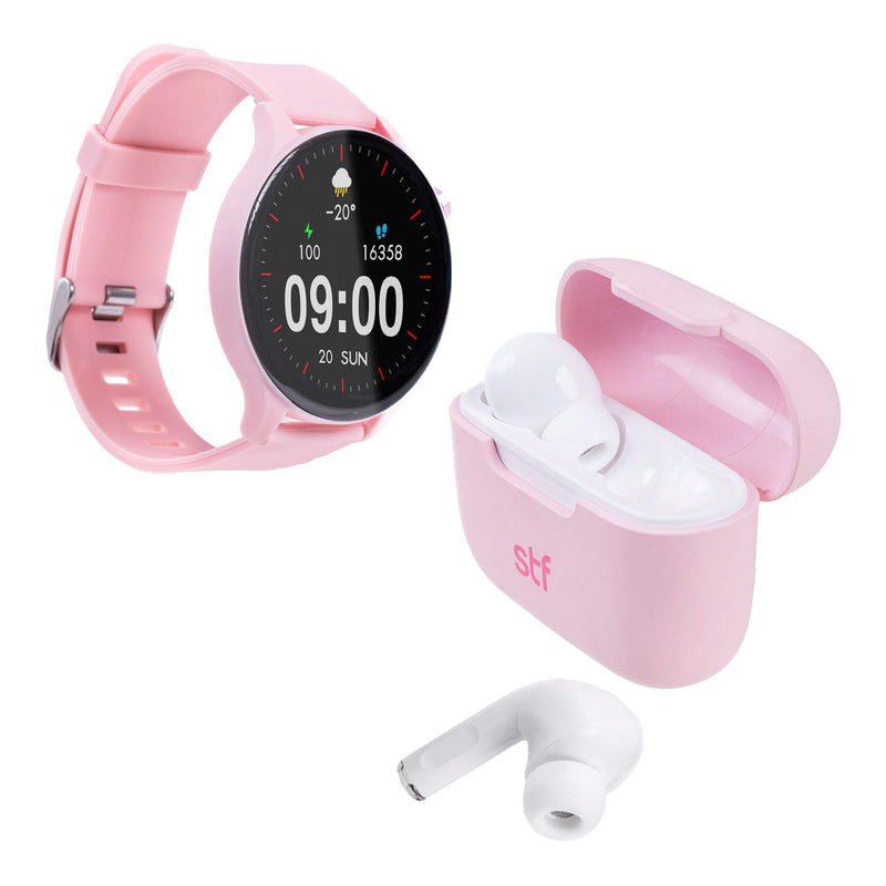 Smartwatch reloj inteligente | STF Kronos Sound Pack | Pantalla 1.38" + Audífonos True Wireless Rosa