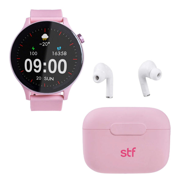 Smartwatch reloj inteligente | STF Kronos Sound Pack | Pantalla 1.38" + Audífonos True Wireless Rosa